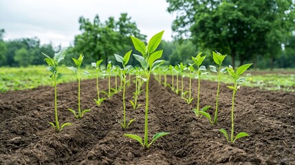 Leinwandbilder - Newly Planted Row of Young Trees Showcasing Dedication to Restoring Natural Habitats in a Previously Deforested Region