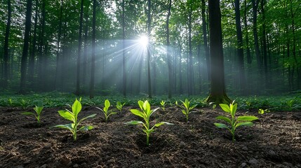 Leinwandbilder - Sunlight shining on newly planted saplings in a recovering forest symbolizing hope and the promise of a greener more sustainable future