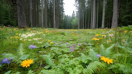 Aufkleber - Scenic view of a vibrant forest floor covered in a lush carpet of ferns and blooming wildflowers surrounded by towering verdant trees creating a serene and tranquil woodland atmosphere