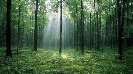 Poster - Sunlight streaming through the dense forest canopy highlighting the rich and vibrant flora that flourishes in this thriving natural ecosystem