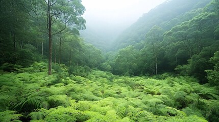 Poster - Lush verdant tropical rainforest with layers of vibrant green vegetation and towering trees illustrating the abundant biodiversity and thriving ecosystem of a primeval forest landscape