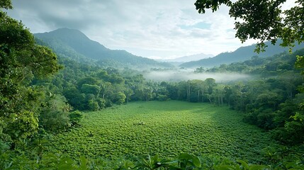 Poster - Lush and verdant rainforest with layers of rich vegetation and towering trees illustrating the abundance and grandeur of forest life  This image captures the natural beauty diversity