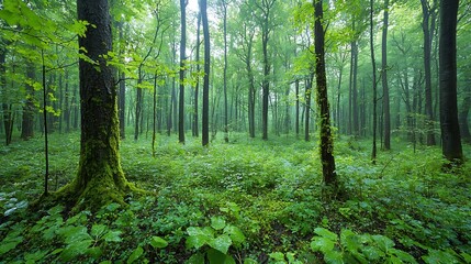 Poster - Lush verdant forest ecosystem with a variety of plants vines and moss covered trees showcasing the complexity and beauty of natural environments