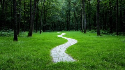 Poster - Serene and Lush Forest Pathway Winding Through Tall Majestic Trees Showcasing the Beauty and Wonder of Undisturbed Nature