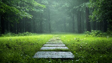 Poster - Captivating pathway winding through a lush verdant forest filled with majestic towering trees that showcase the enchanting wonder and natural beauty of an undisturbed pristine wilderness