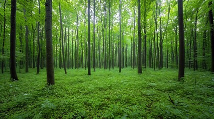 Poster - Tranquil and Serene Forest Landscape with Towering Trees and Lush Undergrowth Representing the Rich Diversity and Balance of the Natural World
