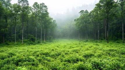 Poster - Misty Forest Covered in Lush Layered Vegetation and Tall Majestic Trees Representing the Calm and Untouched Beauty of Nature