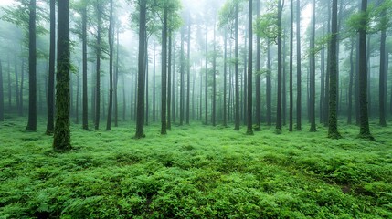 Aufkleber - Misty forest landscape with layered vegetation and tall trees representing the calm and untouched beauty of nature  Serene and tranquil scene with a moody atmospheric vibe