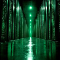 Poster - Green lit server room corridor with data center racks.