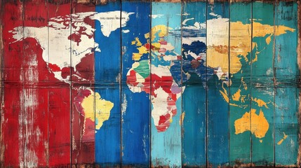 Colorful Rustic World Map on Wooden Planks Global Travel Adventure Background