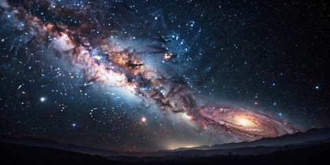 Wall Mural - a serene galaxy landscape with shimmering stars, vibrant nebulae, and a majestic black hole at its c
