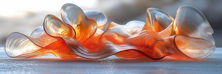 Aufkleber - A fluid design of orange petal-shaped glass, intertwined to form a harmonious and elegant abstract sculpture,