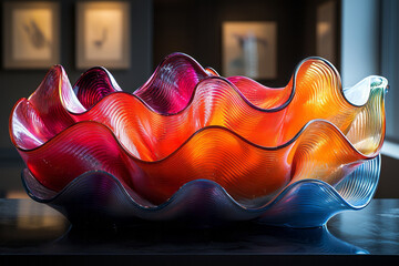 Aufkleber - A vibrant abstract sculpture of flowing glass waves in multiple colors, creating a dynamic and elegant form,
