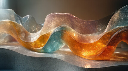 Poster - A futuristic sculpture of multicolored glass waves, gently curving and glowing with soft highlights,