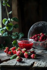 Canvas Print - Fresh strawberries in a glass bowl with a rich red strawberry puree on a wooden table