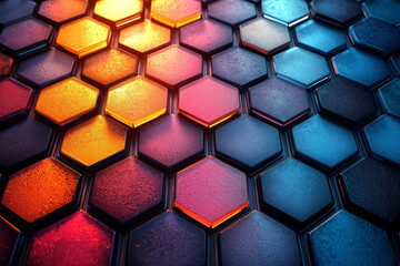 Fototapete - A dynamic composition of abstract hexagonal glass tiles, featuring a smooth gradient from blue to red,