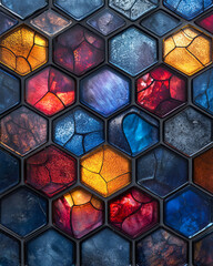 Fototapete - An abstract pattern of hexagonal tiles made of translucent glass, transitioning smoothly between blue and red tones,