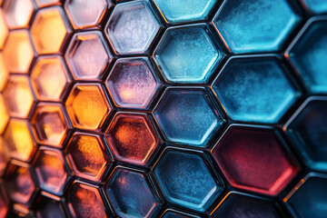 Aufkleber - A geometric composition of hexagonal glass tiles arranged in a honeycomb pattern, with vivid blue and red gradients,