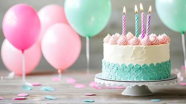 Multicolored balloons and shimmering confetti encircle a table with a beautifully designed birthday cake, glowing under soft lighting.