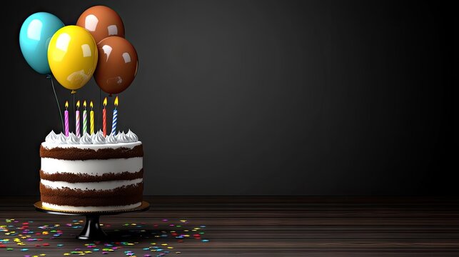 Multicolored balloons and shimmering confetti encircle a table with a beautifully designed birthday cake, glowing under soft lighting.