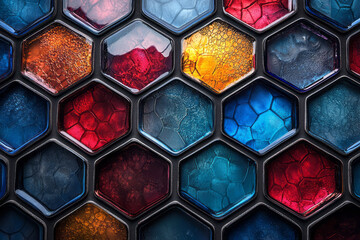 Aufkleber - A geometric composition of hexagonal glass tiles arranged in a honeycomb pattern, with vivid blue and red gradients,