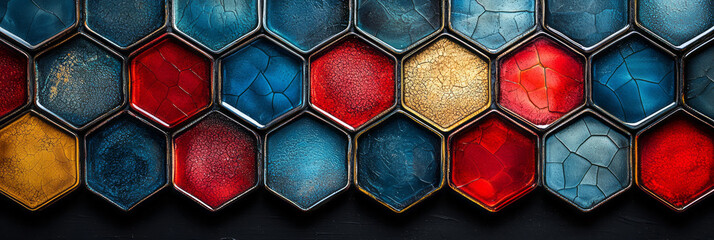 Fototapete - A stylized arrangement of hexagonal glass tiles, featuring a blend of blue and red hues, arranged in a dynamic formation,