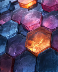 Aufkleber - A seamless abstract design of geometric hexagonal glass tiles, with a fluid blue to red gradient creating a cohesive pattern,
