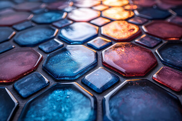 Poster - A bold and modern arrangement of hexagonal tiles, made of transparent glass with striking blue and red gradients,