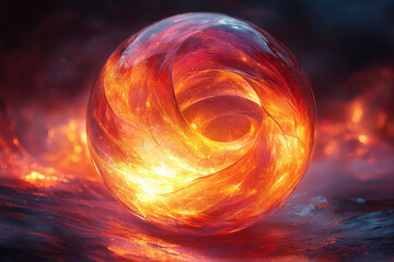 Poster - A vibrant abstract sphere composed of multiple translucent layers in warm hues of red, orange, and yellow, featuring glowing light effects and subtle reflections,