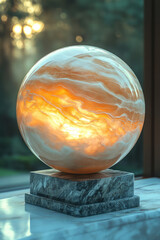 Poster - A minimalist abstract sphere featuring simple, layered warm hues of gold, peach, and terracotta, with clean lines and a smooth, glossy finish,