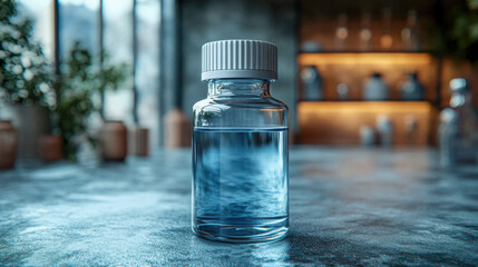 Poster - Transparent glass bottle filled with water on a textured surface, featuring a modern interior backdrop