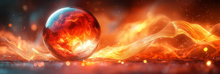 Poster - A luxurious abstract sphere with intricate layered patterns in warm shades of ruby, amber, and sienna, enhanced by a luminous glow and soft gradient lighting,