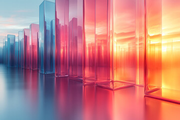 Poster - a minimalist abstract scene with colorful transparent rectangular blocks arranged in a fluid, overla
