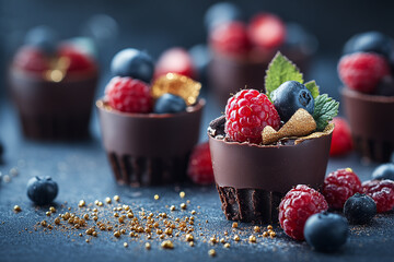 Wall Mural - Artisanal chocolate dessert garnished with berries and edible gold.