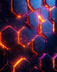 Poster - An abstract depiction of layered gradient hexagons with glowing edges, stacked dynamically on a deep black background,