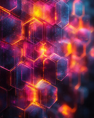 Poster - An abstract depiction of layered gradient hexagons with glowing edges, stacked dynamically on a deep black background,