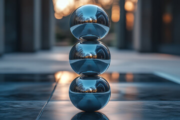 Poster - A composition of gradient spheres stacked in a balanced tower, each radiating light, contrasting sharply with a dark background,
