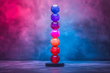 Poster - A composition of gradient spheres stacked in a balanced tower, each radiating light, contrasting sharply with a dark background,