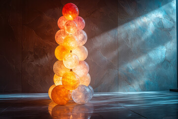 Poster - A composition of gradient spheres stacked in a balanced tower, each radiating light, contrasting sharply with a dark background,