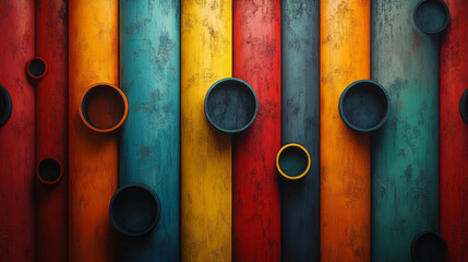 Poster - A minimalist pattern of sleek, multicolored cylinders arranged in a symmetrical abstract formation, highlighting bold colors and clean lines,