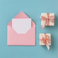 Wall Mural - Thoughtful gift arrangement with blank card on pink background for special occasions