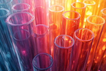 Poster - a dynamic arrangement of transparent and opaque colorful cylinders, layered in an abstract formation