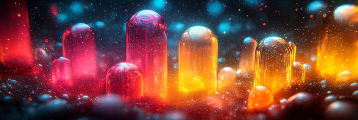 Poster - A futuristic abstract composition with neon-colored cylinders interspersed with dark accents, forming a captivating and modern pattern,