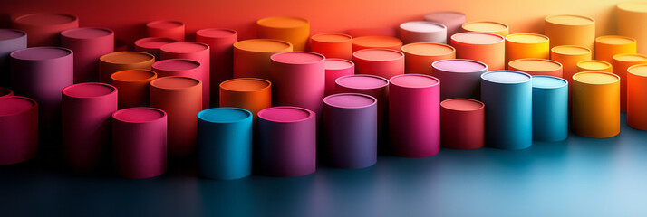 Poster - An abstract display of colorful cylindrical shapes in various sizes, arranged in a harmonious pattern that blends vibrant colors with smooth transitions,
