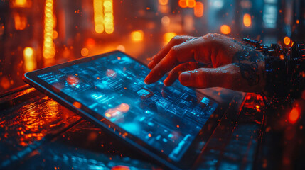 Poster - Cyberpunk-themed hand interacting with a digital tablet in a neon-lit, futuristic setting