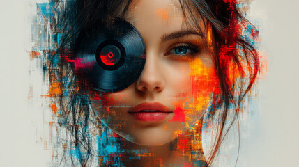 Poster - a minimalist double exposure design where a woman delicately holds an lp disk in front of her face,