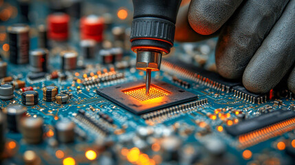 Poster - Close-up of precise soldering on a glowing circuit board with a detailed microchip layout and orange lighting
