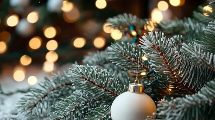 Wall Mural - festive christmas spruce branches with white ornament lights
