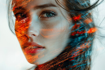Poster - a modern double exposure artwork of a woman holding an lp disk over her face,