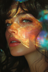 Poster - a bold double exposure artwork of a woman holding an lp disk to her face,
